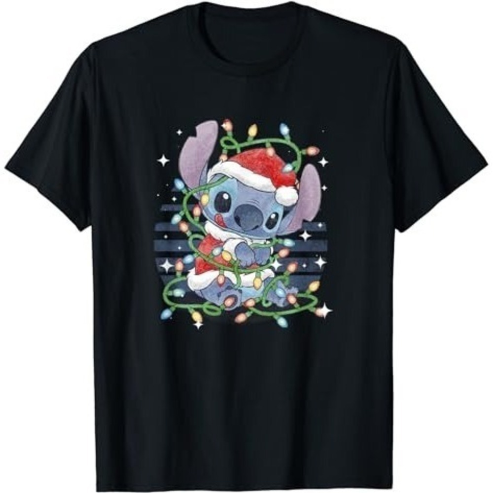 Disney Lilo And Stitch Christmas Tangled Lights Portrait Holiday T-Shirt